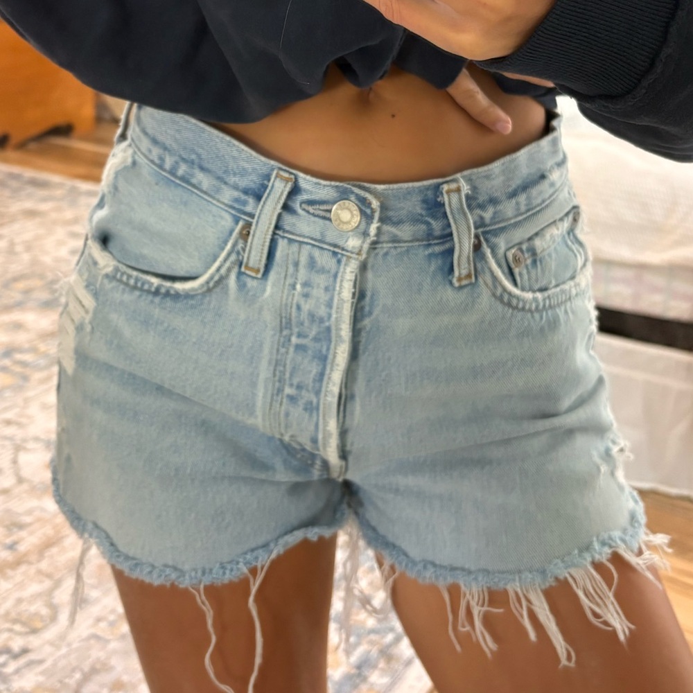AGOLDE Light Blue Frayed Denim Cutoff Shorts